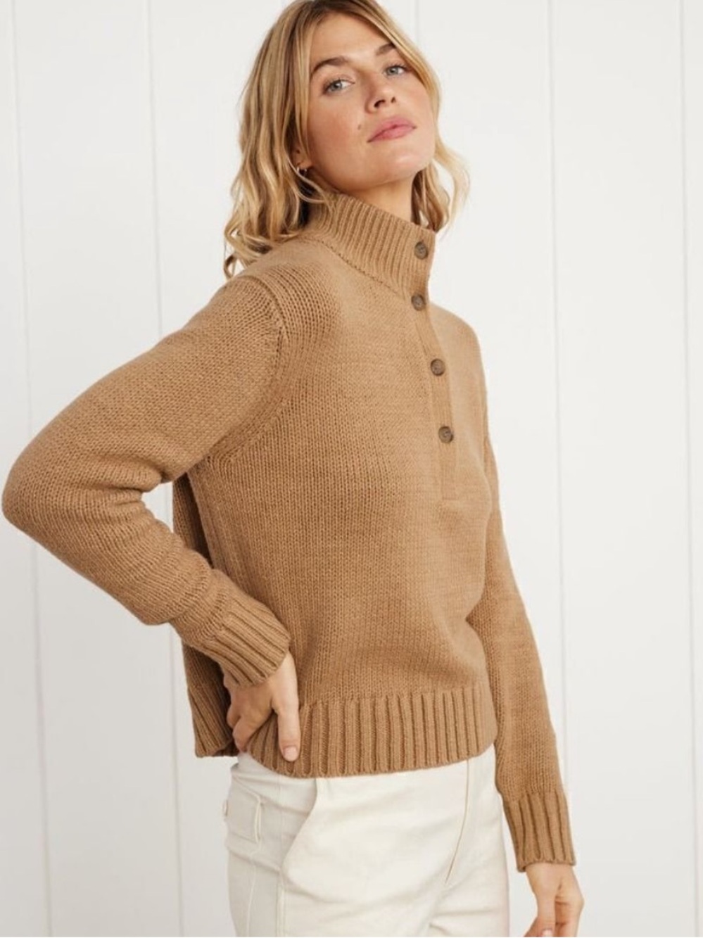 JENNI KAYNE Chase Boxy Button Pullover Funnel Neck Camel Small